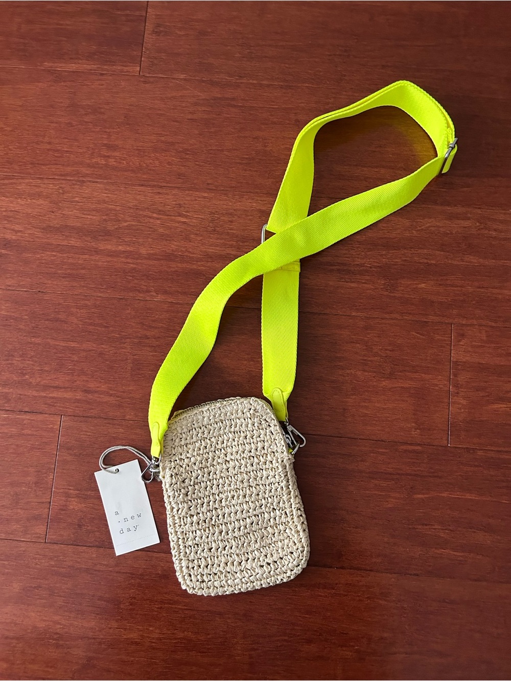 a new day Straw Crossbody Bag with Neon Yellow Strap NWT